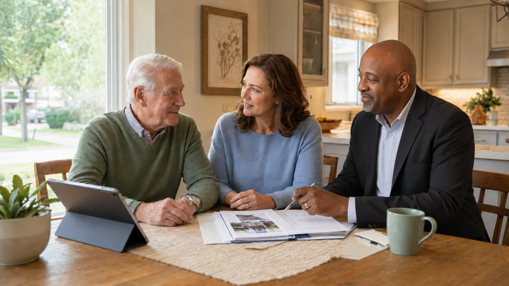 Alpha King meeting with a senior homeowner and adult child